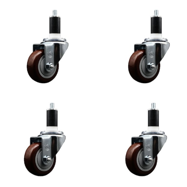 3'' Maroon Poly Wheel Swivel 1-3/4'' Expanding Stem Caster Set, 4PK